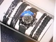 Less 25% Men's Black 5pcs Quartz Watch & Four Bracelet Sets with Calendar