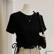 Short-Sleeve Crew Neck Plain Lace Up T-Shirt Black - M