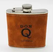 OFFICIAL DON Q RUM FLASK 6 Oz FAUX TAN HYDE LEATHER BROWN WITH WHITE STITCHES