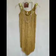 1920s Flapper Dancer Layered Fringe Gold Prom DRESS w/ Sequin Accents S/ M