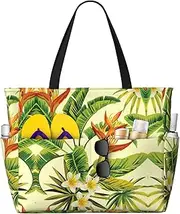 [Ghjkfbf] Flowering Plant Print Large Capacity Beach Travel Bag For Family, Beach Tote Bag For Women With Zipper Pockets, Black, One Size