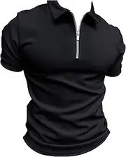 [Zylphorix] Men's Casual Zippered Golf Shirt Stretch Short Sleeve Polo T Shirt Lapel Loose Moisture Wicking Quick-Dry Tees