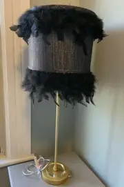 NEW! RACHEL ZOE DESIGNER BLACK GOLD FEATHER LAMP ON GOLD METAL BASE GORGEOUS