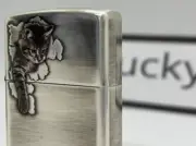 Zippo Oil Lighter Cat Po Three Dimensional Silver Etching Regular Case Japan New