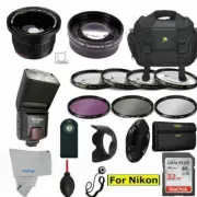 Nikon D3400 / D5600 55MM 32GB PRO ACCESSORY KIT BAG HD LENSES FLASH HOOD FILTERS