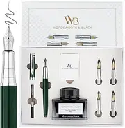 Wordsworth & Black Fountain Pen Gift Set, Includes Ink Bottle, 6 Ink Cartridges, Ink Refill Converter, 4 Replacement Nibs, Premium Package, Journaling, Calligraphy, Smooth Writing Pens [Green Chrome]