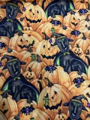 Halloween Black Witch Cats In Pumpkin Patch Fabric Cotton Cartoon 1/2 Yard