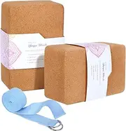 Arltb Cork Yoga Block 2 Pack and Yoga Strap Set with Metal D-Ring 4"x6"x9" Cork Yoga Bricks and 8' Yoga Strap Natural and Sustainable Material for Any Type of Yoga Styles
