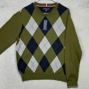 Tommy Hilfiger Mens Crewneck Sweater Large Green Blue Argyle Long Sleeve NEW