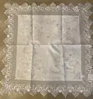 White Silver Washable Floral Embroidered 32.5” Square Embroidery Tablecloth