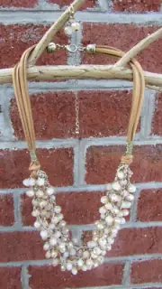 Womens Beaded Strands Suede Cord Natural Brown Gold Necklace Set