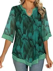 [GEMLON] Womens 3/4 Sleeve Tops V Neck Blouses Dressy Casual Flowy Double Layers Mesh Business Tops Office Tunic Shirts