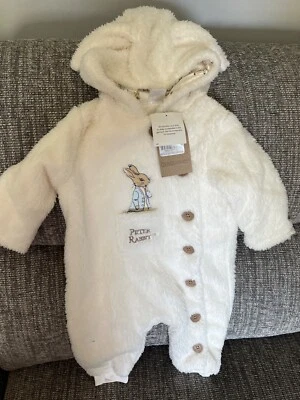 Tu Peter Rabbit Snowsuit Baby Unisex 6-9m Cream Fluffy Fleece Hooded All In One