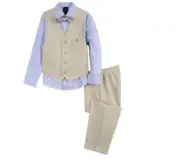 NEW BOYS DOCKERS 4 PIECE DRESS SUIT SHIRT TIE VEST PANTS PLAID TAN 6