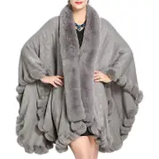 Nevenka Womens Faux Fox Fur Trim Cardigan Shawl Oversized Cape-Light Grey