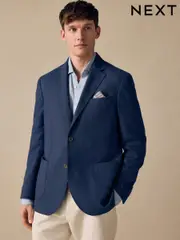 Navy Blue Regular Fit Textured Linen Blend Blazer (E62504) | $162