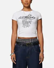 [ED HARDY] Ed Hardy Women's Dragon Baby T-shirt Grey Marle - Size M M Grey Marle