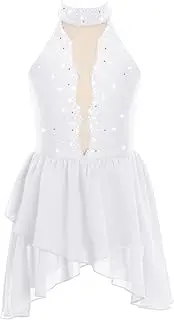 [Oyolan] Girls Halter Neck Lyrical Dance Dress Shiny Sleeveless Mesh Patchwork Backless Ballet Contemporary Costume