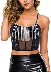 [Mocure] Women's Sexy Pearls Beaded Bikini Bra Top Shiny Rhinestone Halter Banadage Tank Top Swimsuit for Rave Party Clubwear