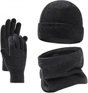 [KaeDa] Autumn and Winter hat Gloves Scarf Suit Knitted hat Fleece-Lined Pullover Wool Cap Scarf Three-Piece Set-Black||Free Size