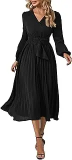 [xxxiticat] Women's Pleated Midi Dress Long Sleeve V-Neck Belted Christmas Tie Waist Lace Up A-Line Chiffon Wrap Dress