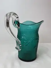 Vintage Ribbed Turquoise Green Glass Pitcher 8"