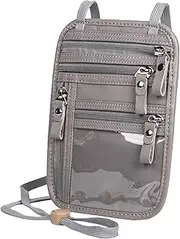 [Ariscobull] Neck Wallet, RFID Blocking Passport Holder, Easy to Conceal Travel Pouch (Light Gray), Light Gray, Leather Clutch for Men