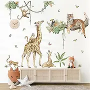 wondever Large Jungle Animal Tree Branch Wall Stickers Safari Giraffe Tiger Monkey Peel and Stick Wall Art Decals for Baby Nursery Kids Bedroom Playroom