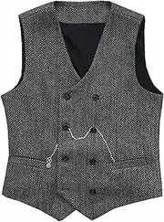 [HEYDHSDC] Men'S V Neck Suit Vests Herringbone Wool Tweed Double Breasted Waistcoat Tuxedo Groomsmen For Wedding Gray S