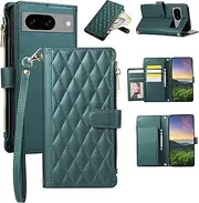 Boyobacase for Googie Pixel 8 5G Wallet Case,for Googie Pixel 8 5G Case, PU Leather Wallet Flip Cover Stand Feature[6 Card Slots] [1 Zipper Coin Pocket] with Wrist Strap-Green