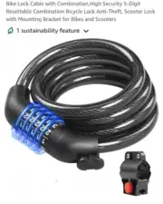 Bike Cable Lock, Combination Bicycle Lock, Black