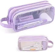 Grid Mesh Pen Pencil Case with Zipper, 2 Compartment Clear Pencil Case Pouch, Clear Zipper Transparent Stationary Makeup Bag, Multi-Purpose Transparent Stationery Bag (Purple)