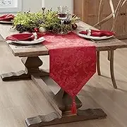 Poinsettia Elegance Jacquard Holiday Table Collection, Polyester, Red, 13" x 70" (Table Runner)