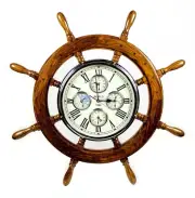 Ship Wheel Clock Working World Time Clock Nautical Barometer Mahogany & Rosewood