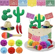25 PCS Mexican Fiesta Cake Topper Mini Mexican Papel Picado Banner Cactus Pepper Sombrero and Flower Cake Decor for Mexican Themed Party Decorations