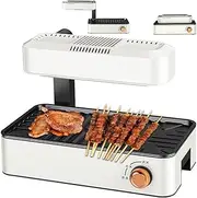 Indoor Folding Electric Grill, 1100W Smokeless Barbecue Machine with Two Levels Firepower Adjustment, Detachable Baking Tray, Easy to Clean, Electric Griddle for Dinner Parties, Family Cooking White