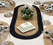 CHARDIN HOME Verona Oval Woven Jute & Cotton Braided Table Runner, Size -13 x 36 Inches, Color - Natural Jute with Black Border