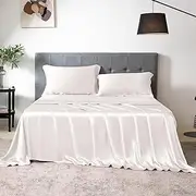 THXSILK 100% Mulberry Silk Sheet Set, 7A+ Silk Sheet Set Soft Breathable, Luxury Bedding (1 Flat Sheet, 1 Fitted Sheet, 2 Pillow Shams) Queen, White