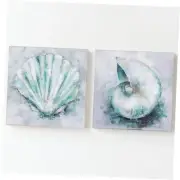 Set of 2 Blue Conch Shell Canvas Wall Art - 12x12 Inch Coastal Nautical Sea