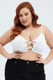 White Cutout Top Textured Shoestring Top