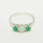 14k White Gold Natural Opal Emerald Womens Trilogy Ring - Sizes 4 to 12
