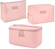 [MAANGE] Travel Makeup Bag - Large Makeup Bag with 2pcs Small Makeup Bag Portable Leather Cosmetic Bag Toiletry Bag Make Up Bags for Women and Girls (Pink)