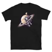 Space Themed Funny Jumping Cat T-shirt - Saturn Graphic Tee