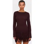 Cappuccino Fine Knit Fringe Hem Long Sleeve Micro Mini Dress, Cappuccino