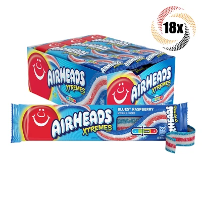 Full Box 18x Pack Airheads Xtremes Bluest Raspberry Sweet Sour Candy Belts | 2oz