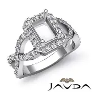 Cross Shank Emerald Cut Semi Mount Diamond Engagement Ring 18k White Gold 0.67Ct