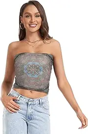 [RPLIFE] Intricate Mandala Crop Tube Tops for Women, Sexy Tube Tops, Mesh Tube Tops, Tube Tops Summer (S)