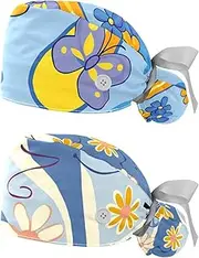 [YTYVAGT] 2-Pc,Nurse Scrub Caps,Scrub Hats with Buttons and Cotton Sweatband,Butterflies Flowers Colorful