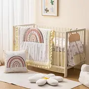 ROBUD 5-Piece Crib Bedding Set for Boy Girls, Nursery Bedding Standard Size with Boho Quilted, Crib Sheet, Crib Skirt, Pillowcase and Diaper Bag (Beige Rainbow)