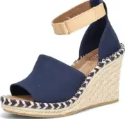 Toms Marisol Navy Canvas Wedge Open Toe Ankle Strap Leather Sandals Size 9.5 M